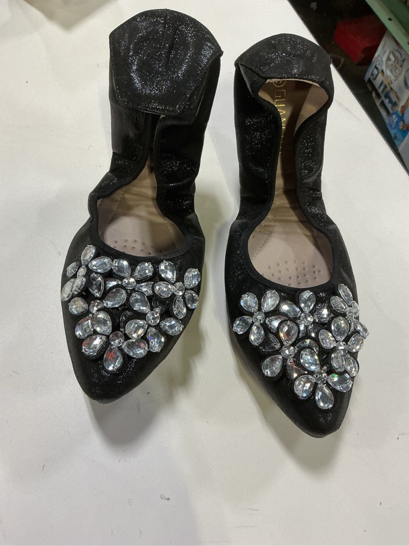 Condition photo showing Good Condition for Lauthen.S Women Foldable Ballet Flats, Pointed Toe Wedding Rhinestone Slip on Flat Shoes 10.5-11 Black