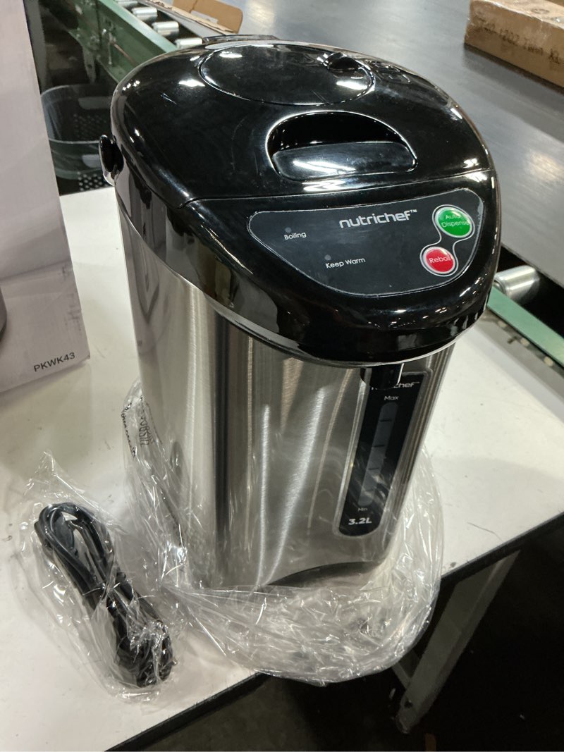 Condition photo showing New/Like New for nutrichef hot water urn pot insulated stainless steel,auto & manual dispense,auto boiler,safety lock shutoff 3.38 qt /3.2l - auto boiler shut off - pkwk43 3.4 quarts