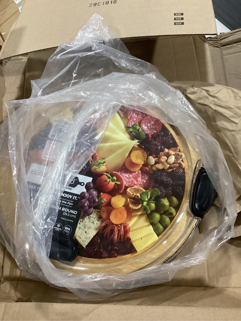 Condition photo showing Good Condition for farberware build-a-board cutting board with single compartment and clear locking lid for charcuterie, snacks, and more, bamboo black/bamboo 1 compartment