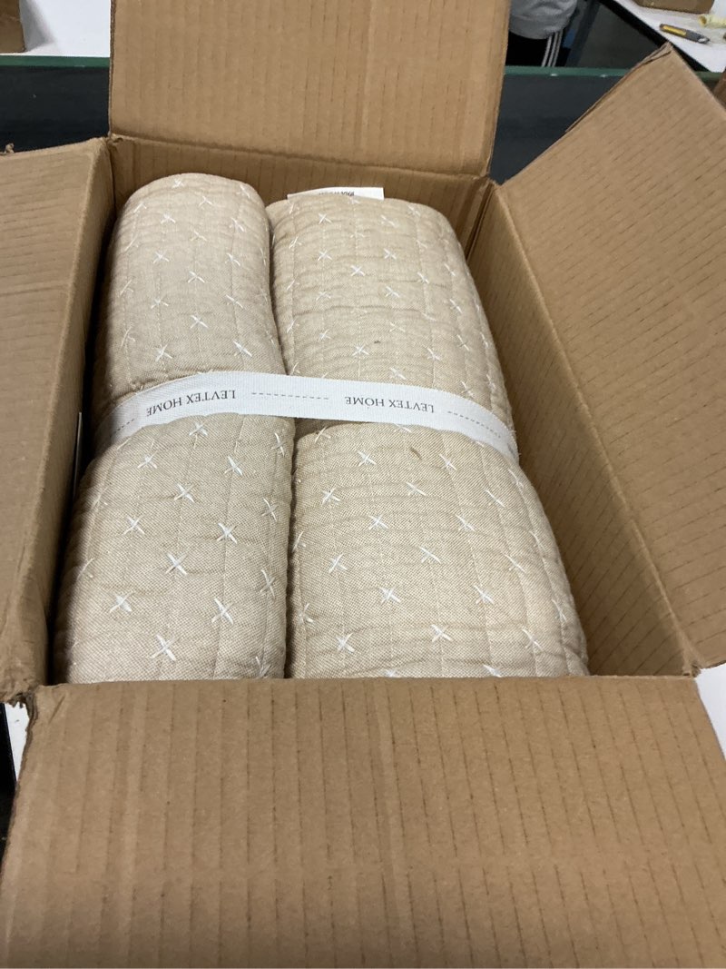 Condition photo showing New/Like New for Levtex Home Cross Stitch Reversible King/Cal King Quilt Set (106x92in) and 2 Pillow Shams (36x20in) - Stitch Texture - Taupe - Cotton King Size Quilt Bedding Set - Lightweight Soft Pre-Washed Quilt - King Taupe