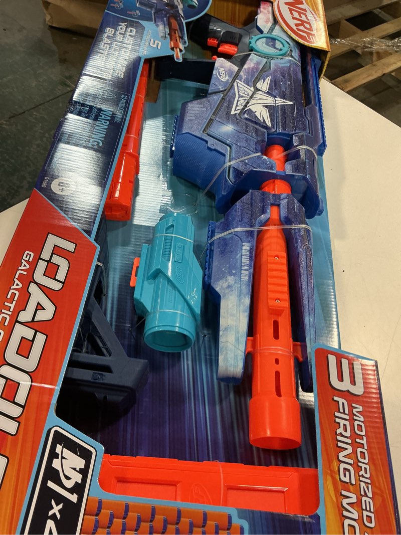 Condition photo showing Good Condition for nerf loadout galactic commander motorized blaster, 3 firing modes, 3 attachment accessories, 48 nerf n1 darts, kids toys & gifts, ages 8+