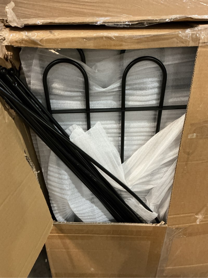 Condition photo showing As Is for tall garden fences and borders, 54 in(h) dog fences for the yard, 4 panels total 8.9 ft long, gate 21 inches wide with low sills. dog fence outdoor or indoor. fencing for garden beds 54''(h)-4panels-8.9ft(l) with door