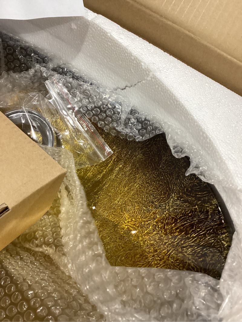 Condition photo showing Good Condition for bathroom vessel sink, boat shape bathroom artistic glass vessel bowl basin with free oil rubbed bronze faucet and pop-up drain, gold ingot