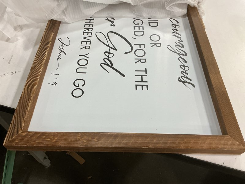 Condition photo showing Good Condition for inspirational quote be strong and courageous wall decor(16"x32"), rustic framed solid wooden bible verse wall art, lord your god sign plaque artwork for family/friend/women/mother gift
