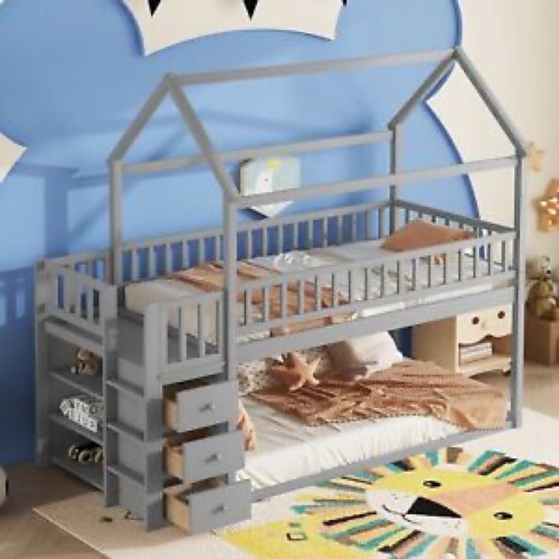 (Incomplete box 1 of 2) Twin Over Twin House Bunk Bed with Shelves and Drawers for Gray Color