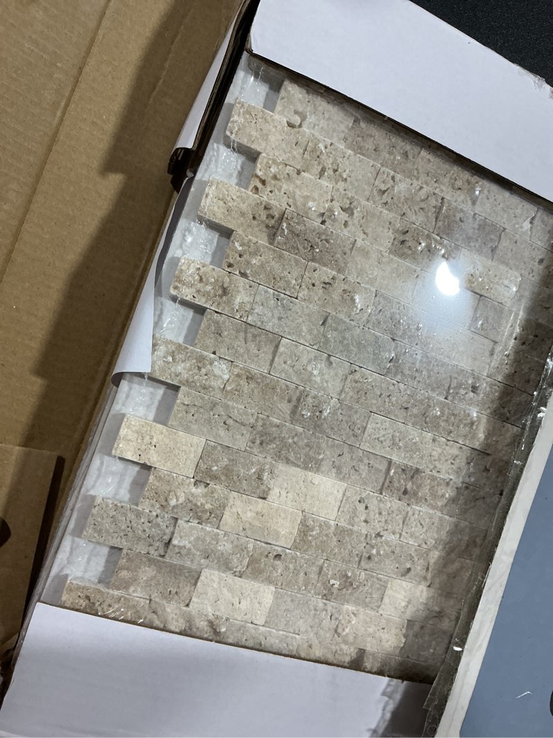 Condition photo showing Good Condition for sunwings 5-sheet peel and stick mosaic natural 3d stone self adhesive travertine tiles, 10.63" x 11.22" stick on backsplash for kitchen bathroom fireplace vanity, beige beige 10.63*11.22*0.32inch(5 sheets)