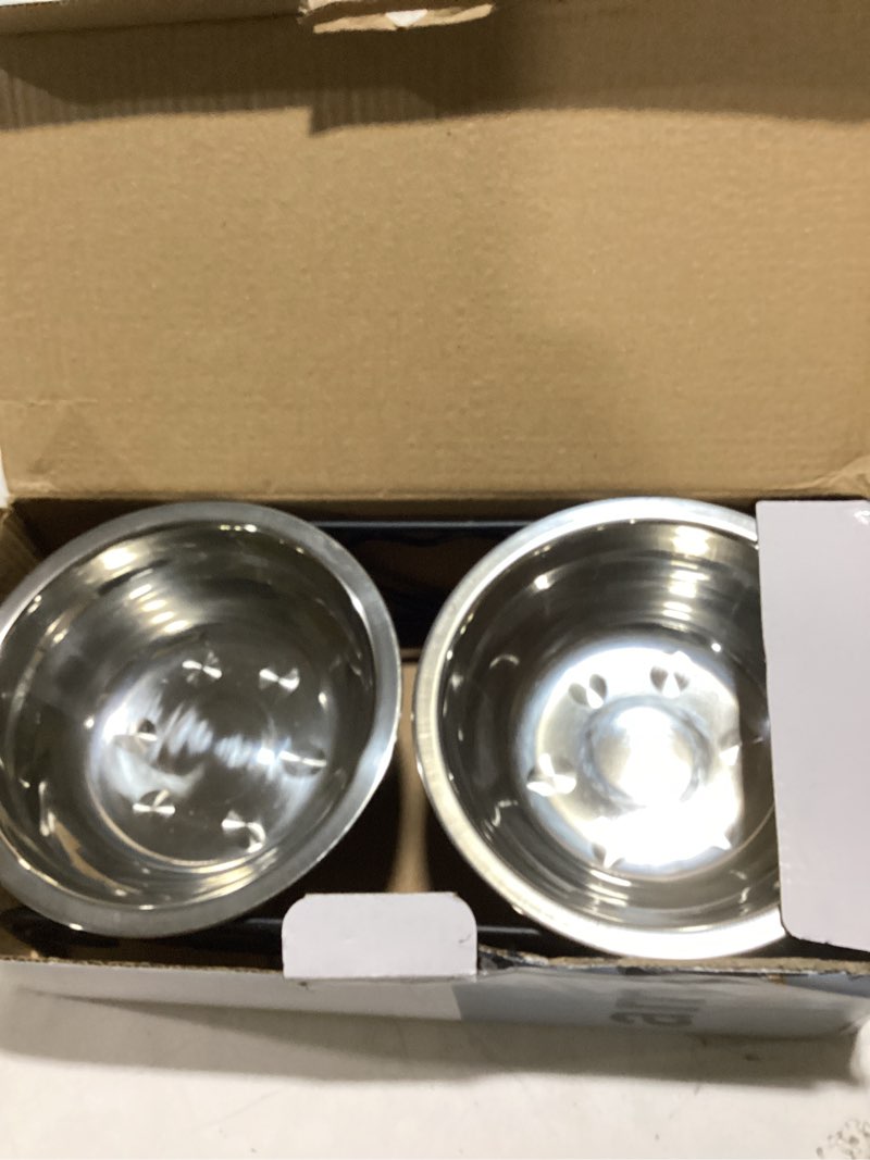 Condition photo showing As Is for elevated double dog bowls with stand for comfortable eating, 2 stainless steel small pet food and water bowls sized at 5.1 in, anti-slip iron raised feeder for cats and dogs, black