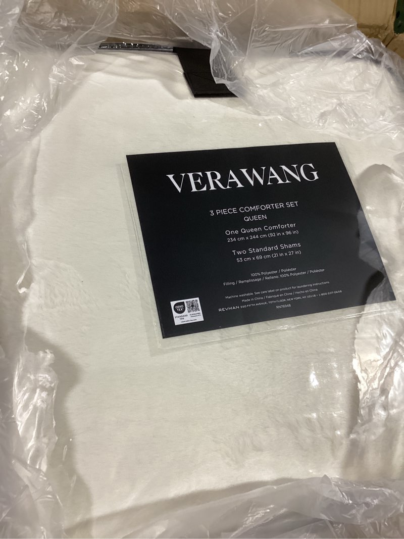 Condition photo showing Good Condition for vera wang - queen comforter set, premium cotton bedding set with matching shams, chic room essentials, oeko-tex certified (puckered texture white, queen) queen puckered texture white