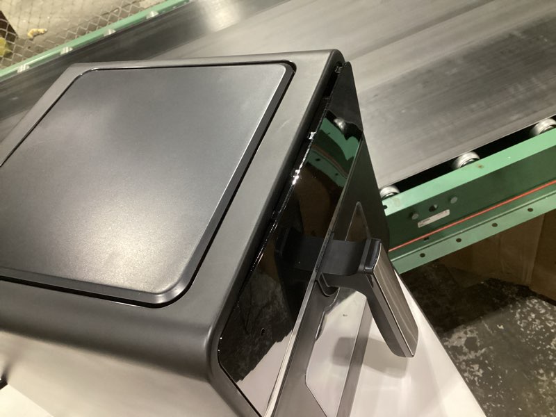 Condition photo showing As Is for (frame is damaged, not tested)emerson smartvoice 10qt 6-in-1 air fryer, 1000+ voice control commands, 100+ recognized food, no app, no wifi, no setup, nonstick basket, air fry, bake, reheat, dehydrate, 1700w