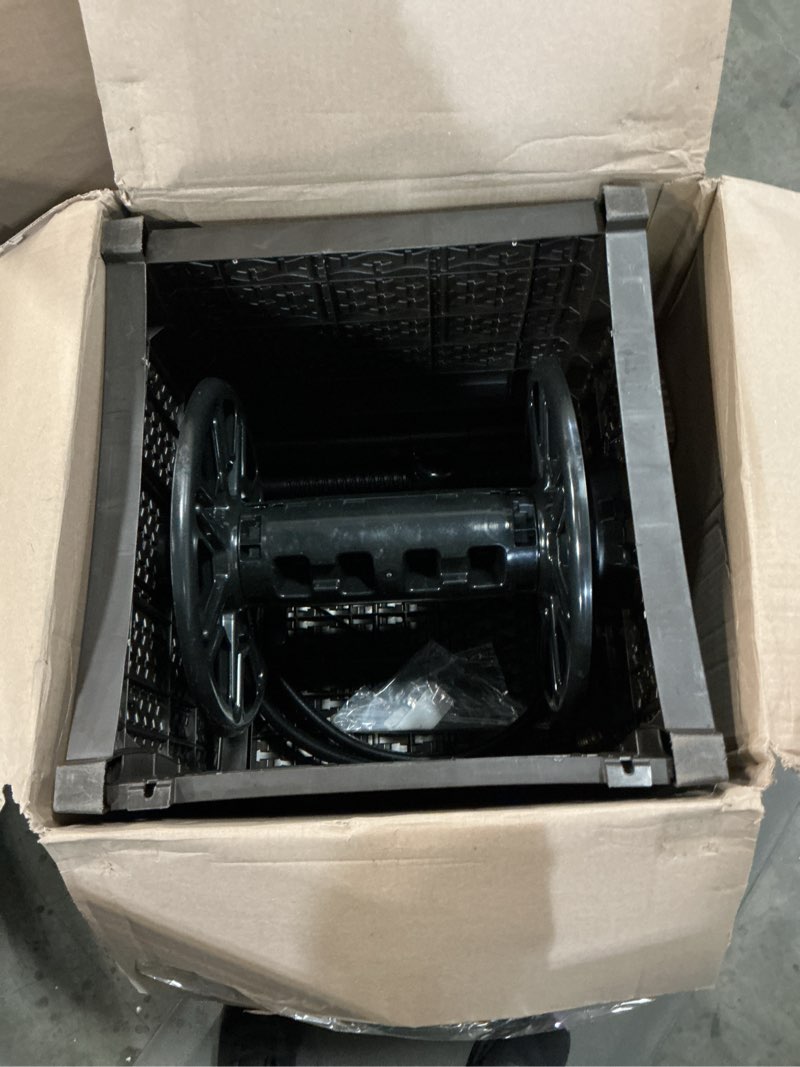 Condition photo showing As Is for suncast hose reel with smart trak hose guide, water-tight connection, durable resin construction, 225' hose capacity, beige
