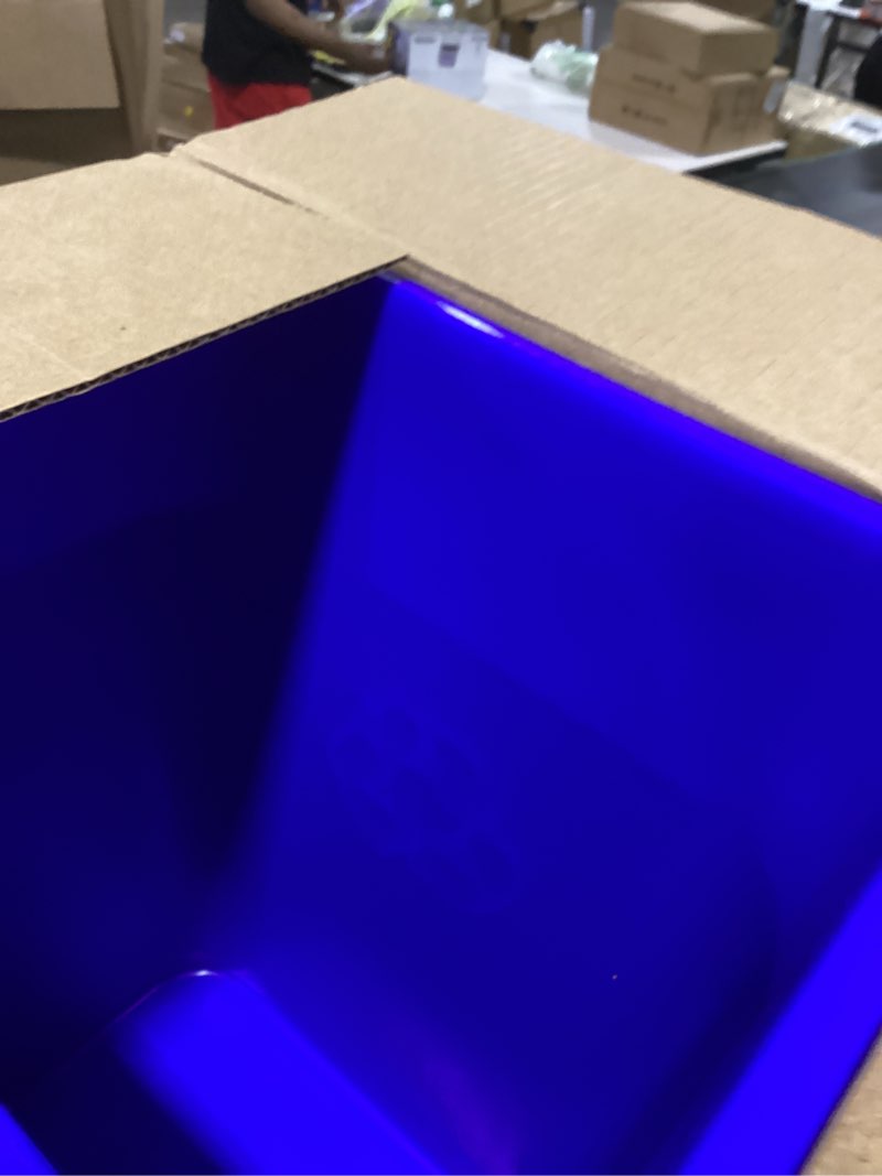 Condition photo showing As Is for amazon basics rectangular commercial office wastebasket, easy to clean, lightweight, 10 gallon, blue, recycle logo blue 10 gallon (pack of 1)