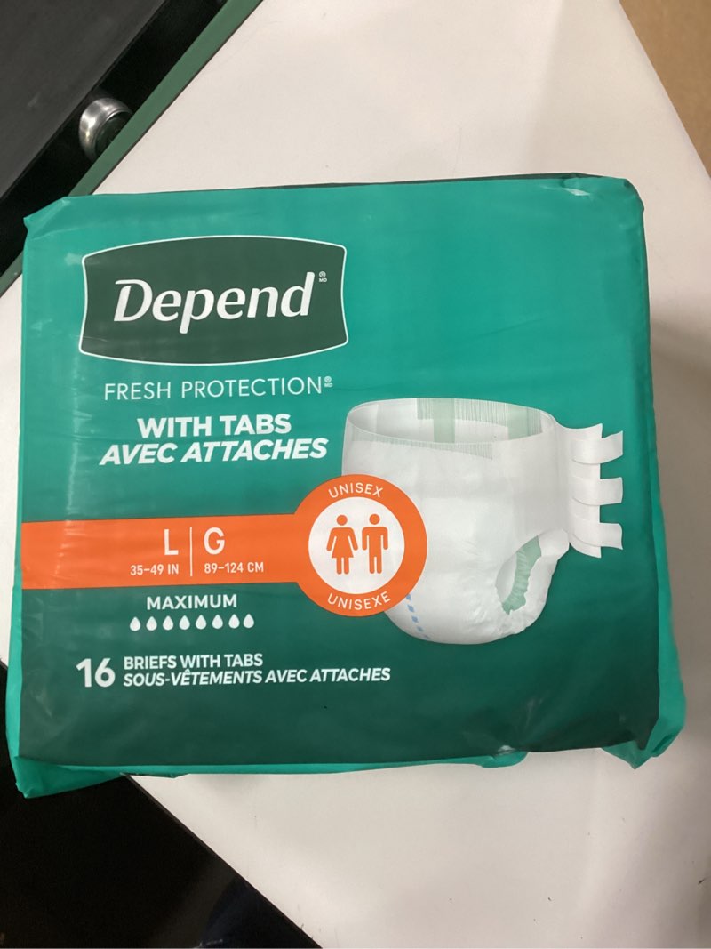 Depend Adult Diapers with Tabs, Incontinence Protection with Tabs, Unisex, Large (35–49\\\" Waist, over 170 lbs), Maximum Absorbency, 16 count 