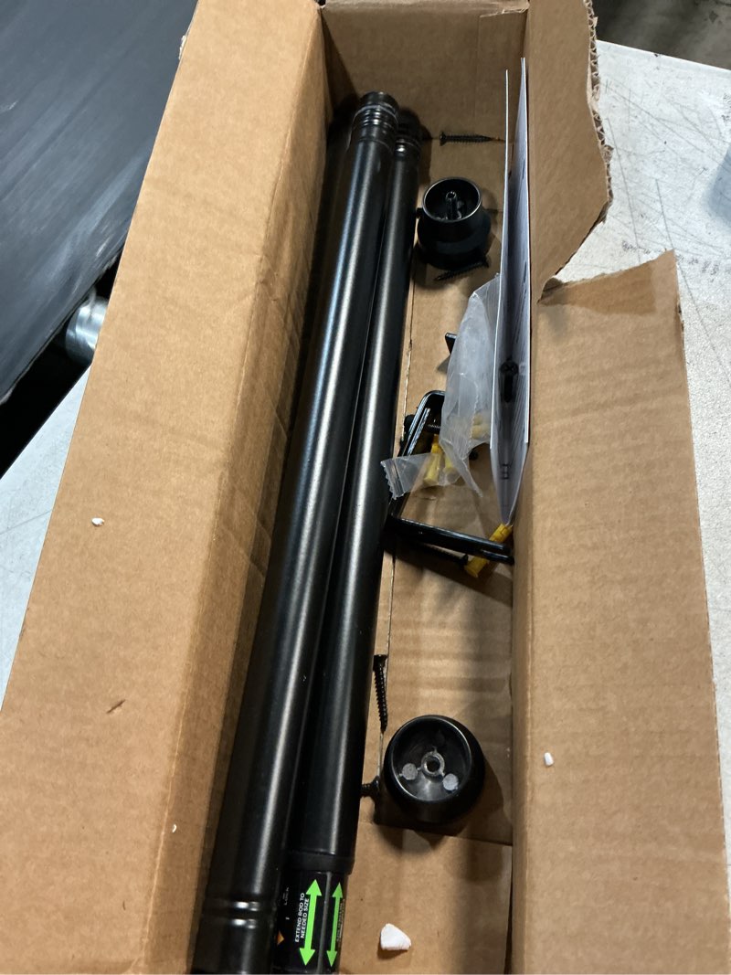 Condition photo showing As Is for yafex curtain rods 32-58 inch, heavy duty 1 inch adjustable curtain rod for windows, black short window treatment rods, modern design, easy installation