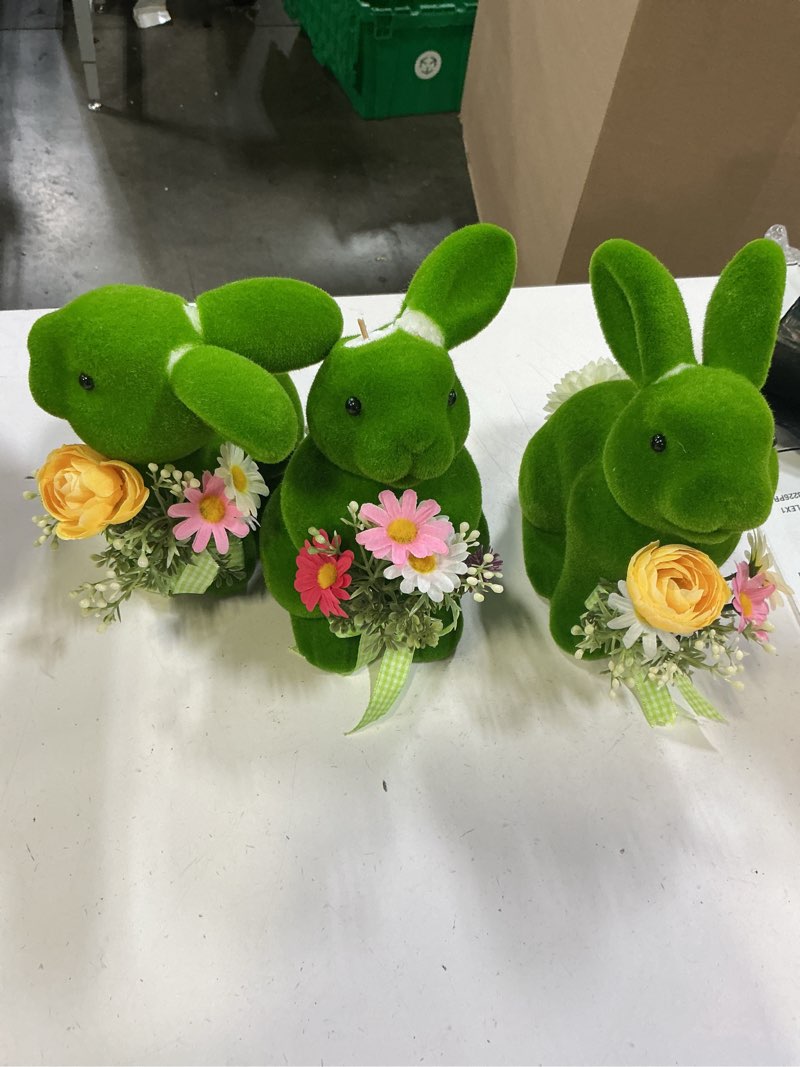 Condition photo showing As Is for brilliantjo spring decoration figurines decor gift for women cute moss bunny large rabbit kit holding flowers set of 3(10") green desk mother's day holiday birthday for home office garden