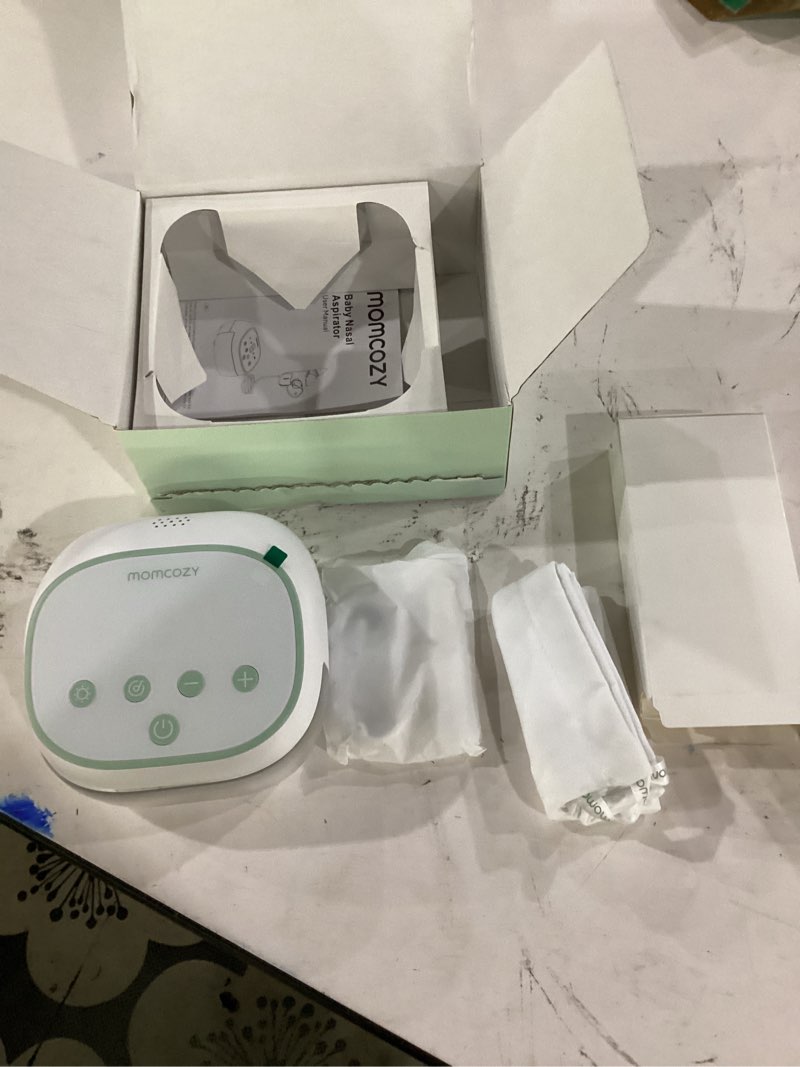 Condition photo showing Good Condition for not tested**** momcozy breezyclear pro™ nasal aspirator for baby, hospital-grade 75 kpa nose sucker with 9 adjustable suction levels, electric nose cleaner for toddler, light & music soothing