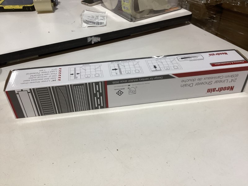 Condition photo showing New/Like New for neodrain 24-inch linear shower drain with quadrato pattern grate,brushed 304 stainless steel rectangle shower floor drain,linear drain with leveling feet,hair strainer stainless 24 in