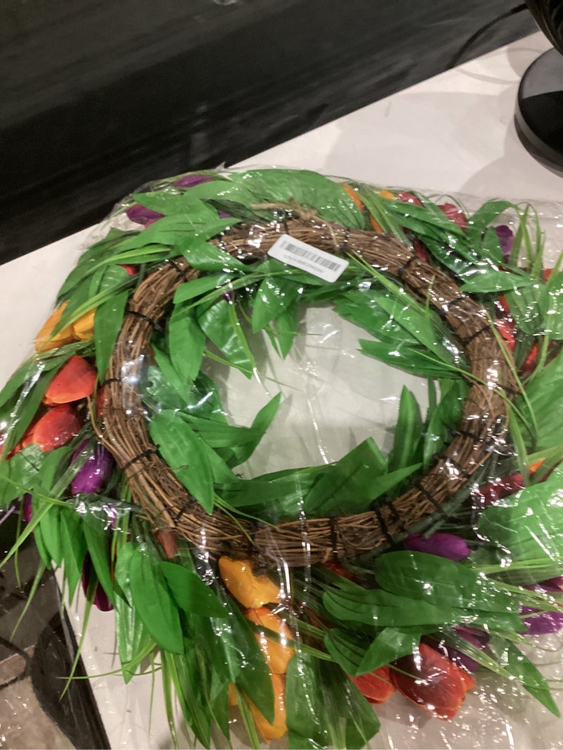 Condition photo showing Good Condition for ewer 20 inches tulip wreath, artificial flower handmade floral wreath for 2022 new spring, simulation round spring garland for front door wedding wall home decor