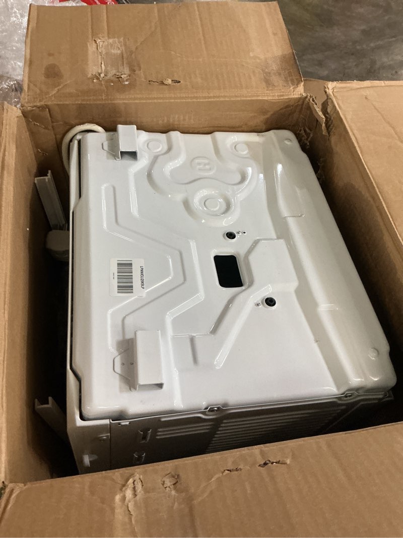 Condition photo showing As Is for ge window air conditioner unit, 5,000 btu with led controls for small rooms up to 150 sq ft., adjustable fan and cooling settings, perfect for guest or living room, easy install kit included, white