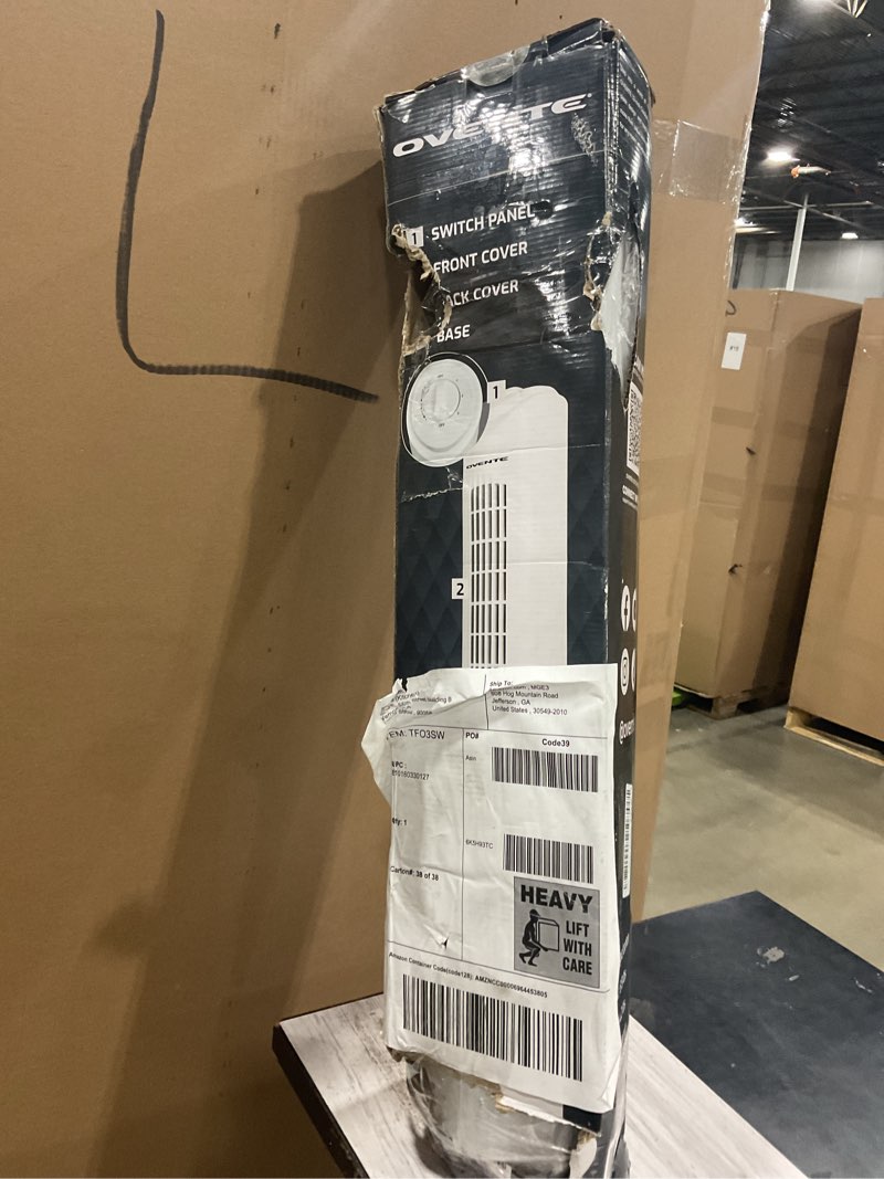 Condition photo showing As Is for ovente 32" tower fan for bedroom, portable stand fan with 90° oscillation, adjustable speed, compact and slim manual bladeless indoor fan ideal for cooling home with kids or office, white tfo3sw