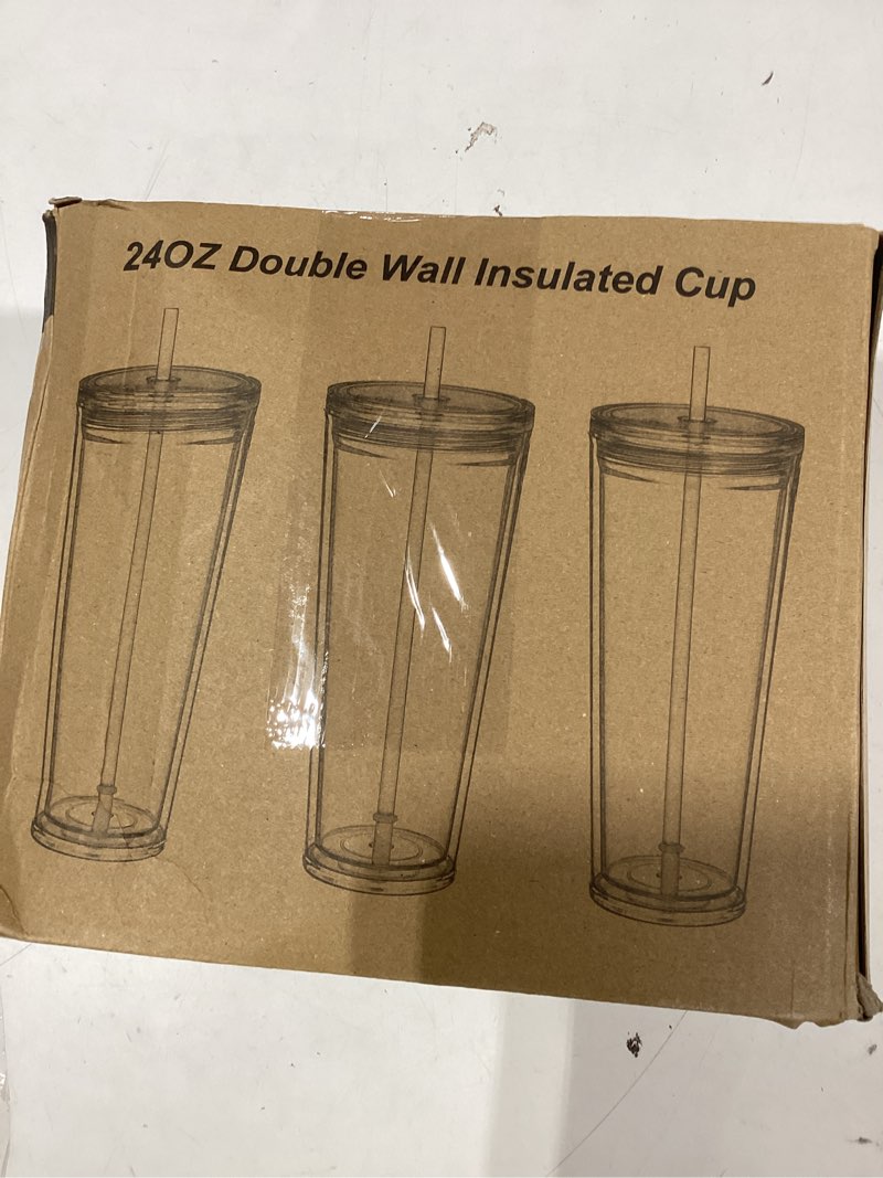 Condition photo showing New/Like New for suertestarry 24 oz clear tumblers with lid and straw, 3 pack plastic tumblers, reusable double wall insulated cups for travel,parties, birthdays,gifts(3, transparent+black+green) black+transparent+green