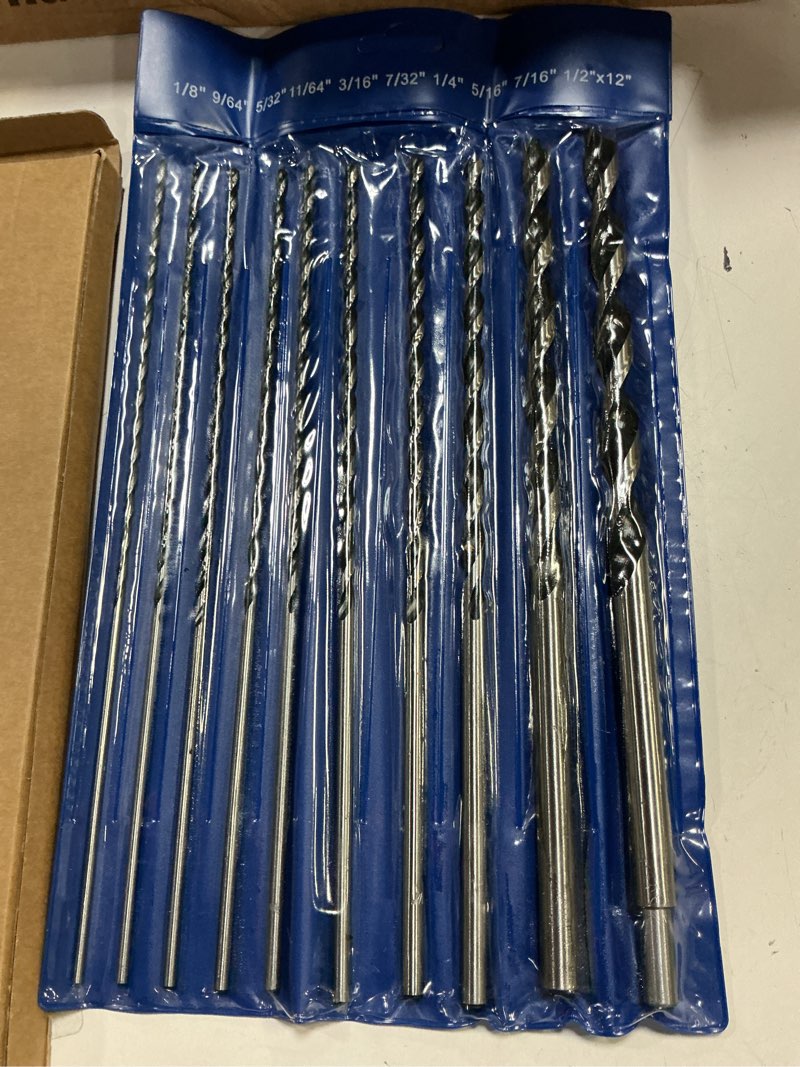 Condition photo showing New/Like New for 12” extra long drill bit set, 10pcs brad point drill bits for wood for precise woodworking with laser marks & storage case (1/8", 5/32", 3/16", 1/4", 5/16" 3/8", 7/16", and 1/2")