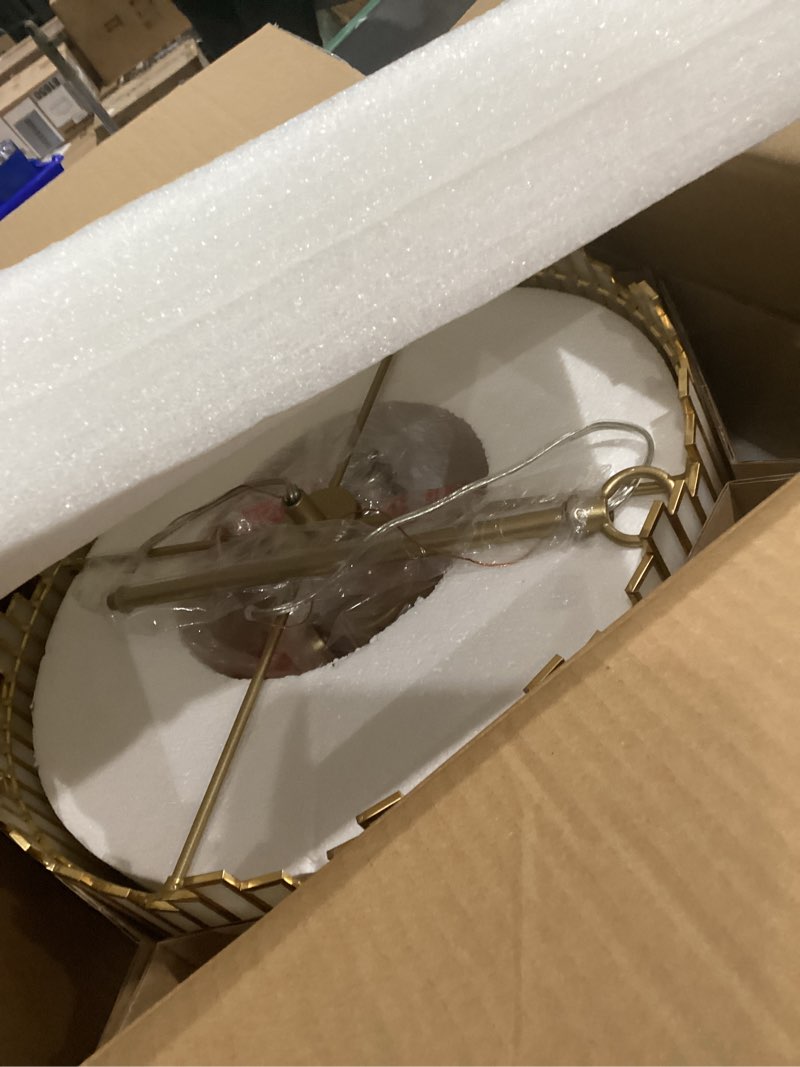 Condition photo showing New/Like New for Gold Drum Chandelier 4-Light, Modern Drum Pendant Lighting Fixture with Tiffany Glass Shade, 16” Round Ceiling Hanging Light for Bedroom Dining Room Kitchen Entryway Living Room (Gold) Creme White Glass with Gold Edge