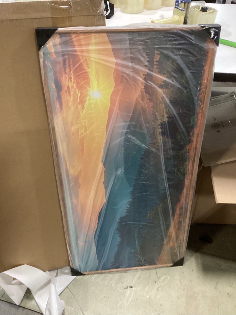 Condition photo showing New/Like New for Aurlan Boho Mountain Sunset Landscape Framed Wall Art(40"x20"), Large Green Blue Ridge Grand Teton National Park Canvas Artwork, Abstract Modern Watercolor Nature Forest Scenery Decor for Home Office Bedroom Boho Mountain Sunset Landscape 40"L x 20"W
