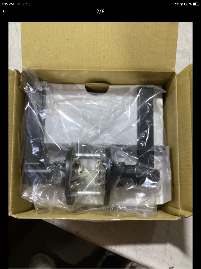Condition photo showing As Is for hardware missing similiar brand.. estmoon 2 pack passage door levers, matte black door knobs interior square door handles, heavy duty non-locking leversets hall closet handles, reversible for right & left sided doors 2 pack passage(no lock)