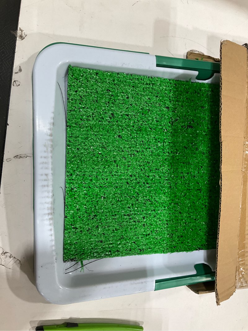 Condition photo showing As Is for artificial grass pee pad set for dogs (synthetic plastic grass) - reusable puppy essential for potty training small pets indoors and outdoors by petmaker (green) potty trainer