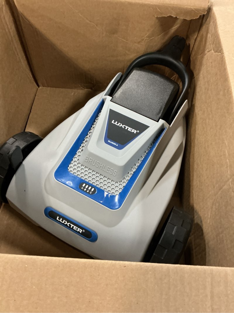 Condition photo showing As Is for (incomplete ,missing pcs)luxter 9 inch cordless lawn mower 6000rpm brushless motor 3 adjustable cutting heights (1.5\\\"-2.3\\\") electric grass trimmer 20v 4.0ah battery & charger mini lawn mower for garden yard work and lawn care