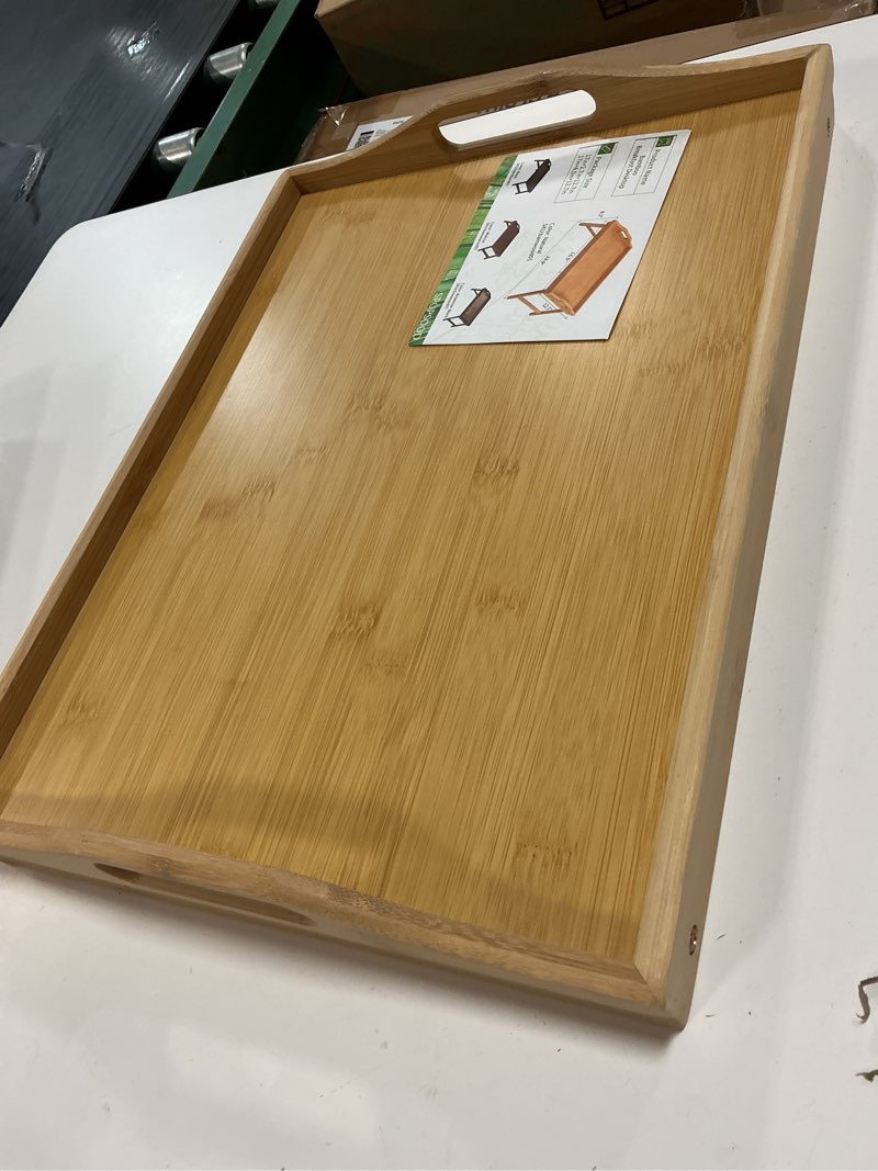 Condition photo showing New/Like New for bamboo bed tray table, folding legs and handles, breakfast tray, laptop desk for bed or sofa, serving tray for eating, working, reading,picnic bamboo 18.1" x 11.2" x 7.7"