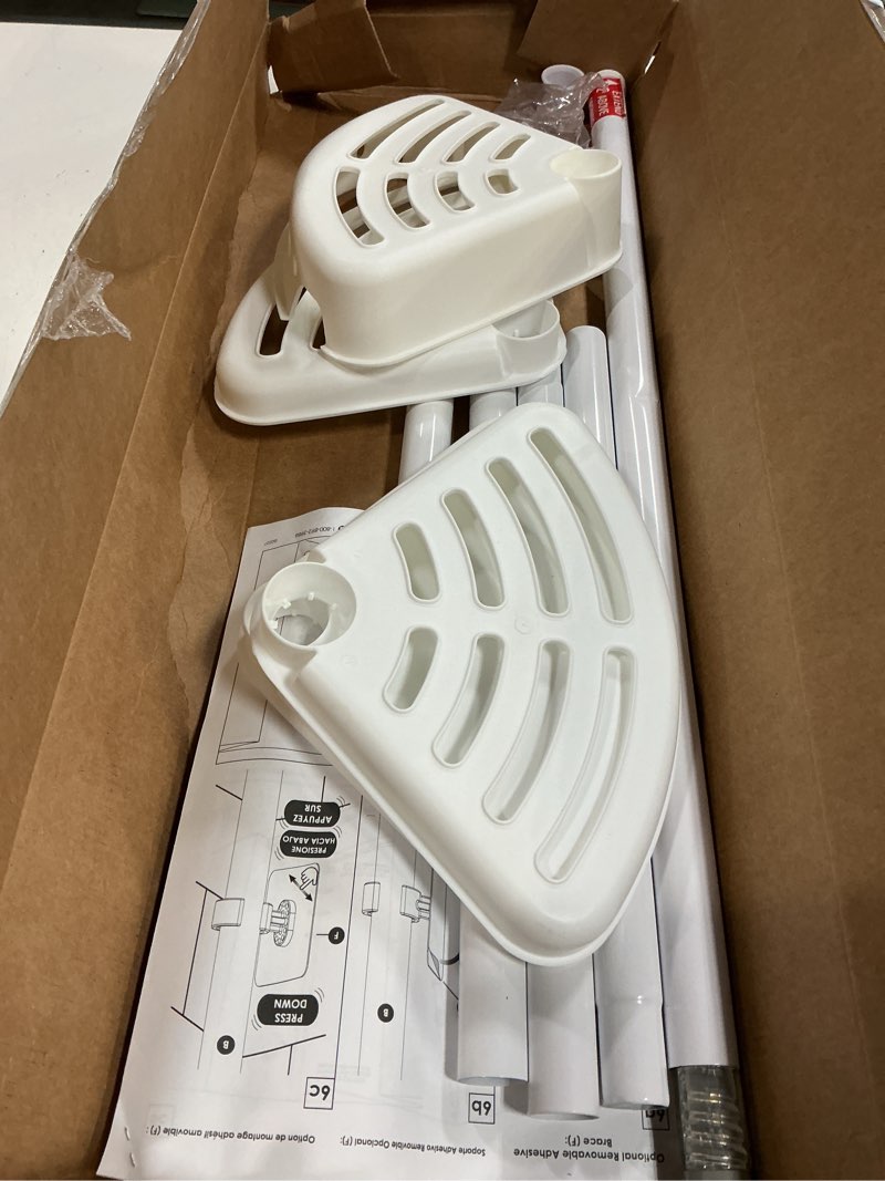 Condition photo showing As Is for mainstays adjustable tension steel shower pole caddy, 3 shelves, white, 60" - 96"