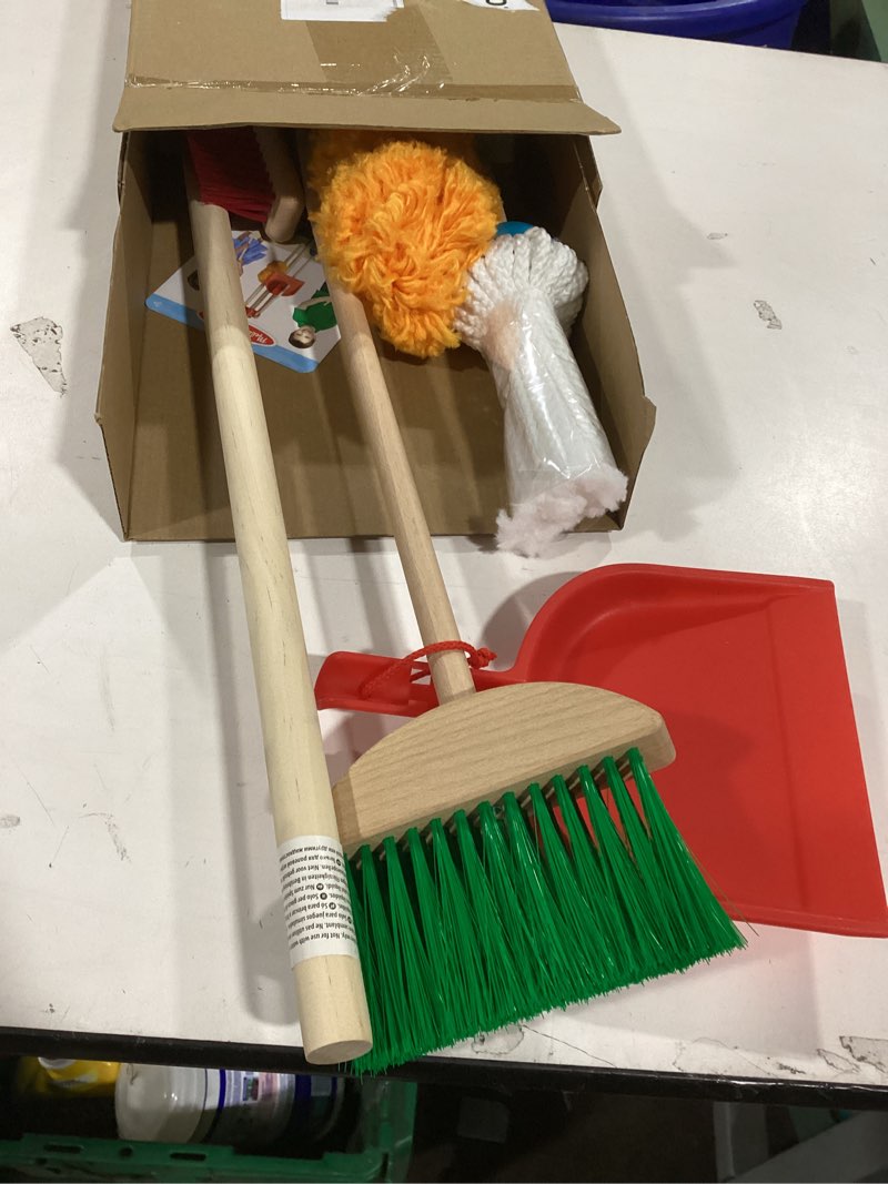Condition photo showing Good Condition for Melissa & Doug Dust Sweep Mop 6-Piece Pretend Play Set, Toddler Toy Cleaning, Pretend Play Home Cleaning, Kids Broom and Mop Set for Ages 3+ Dust! Sweep! Mop!