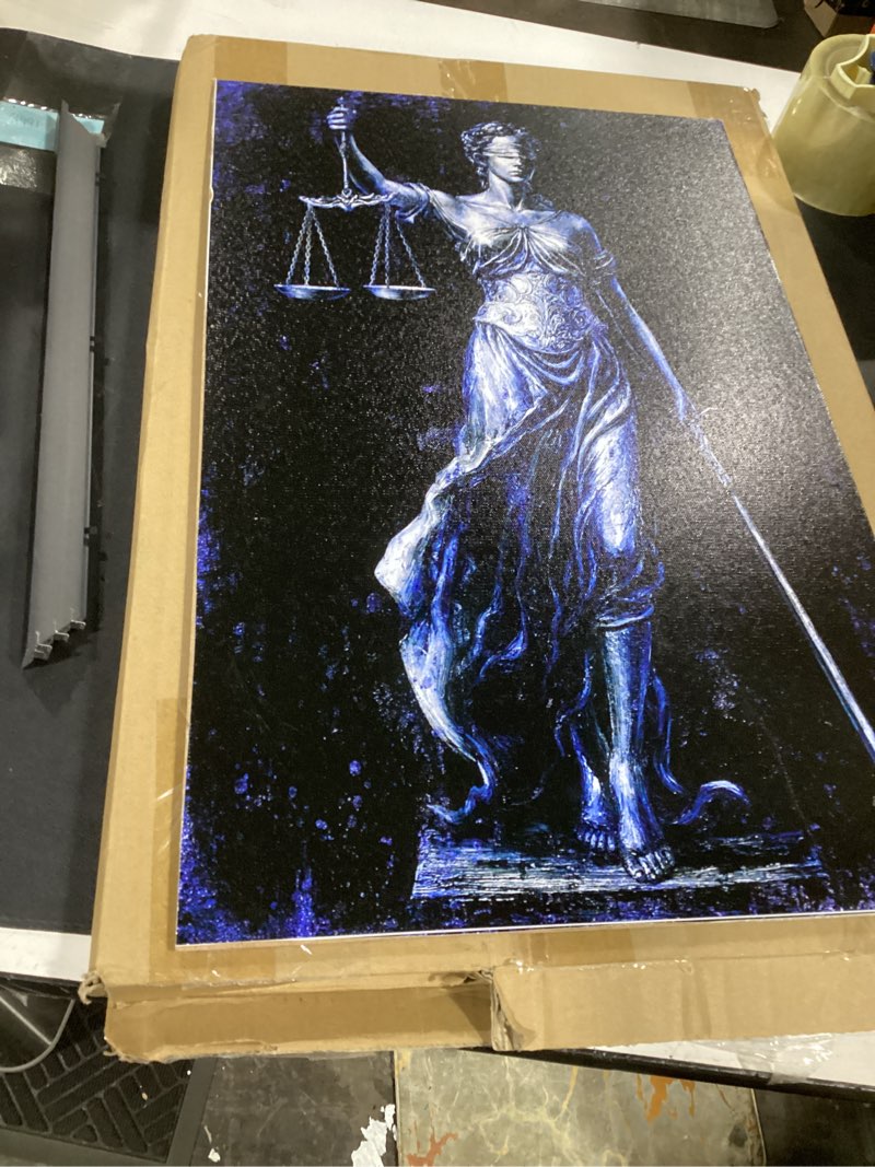 Condition photo showing As Is for (incomplete) visual art decor lawyer office decoration lady of justice wall art law school students, judges bedroom decor framed 16x24inch (blue)
