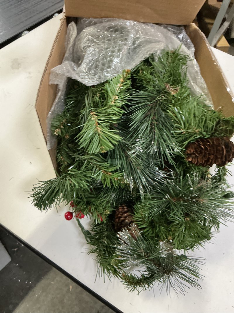Condition photo showing Good Condition for National Tree Company 9 ft Pre-Lit Wintry Pine Flocked Artificial Christmas Garland, Christmas Decoration with Pinecones, Red Berries, 100 Clear Lights, 184 Tips, Green