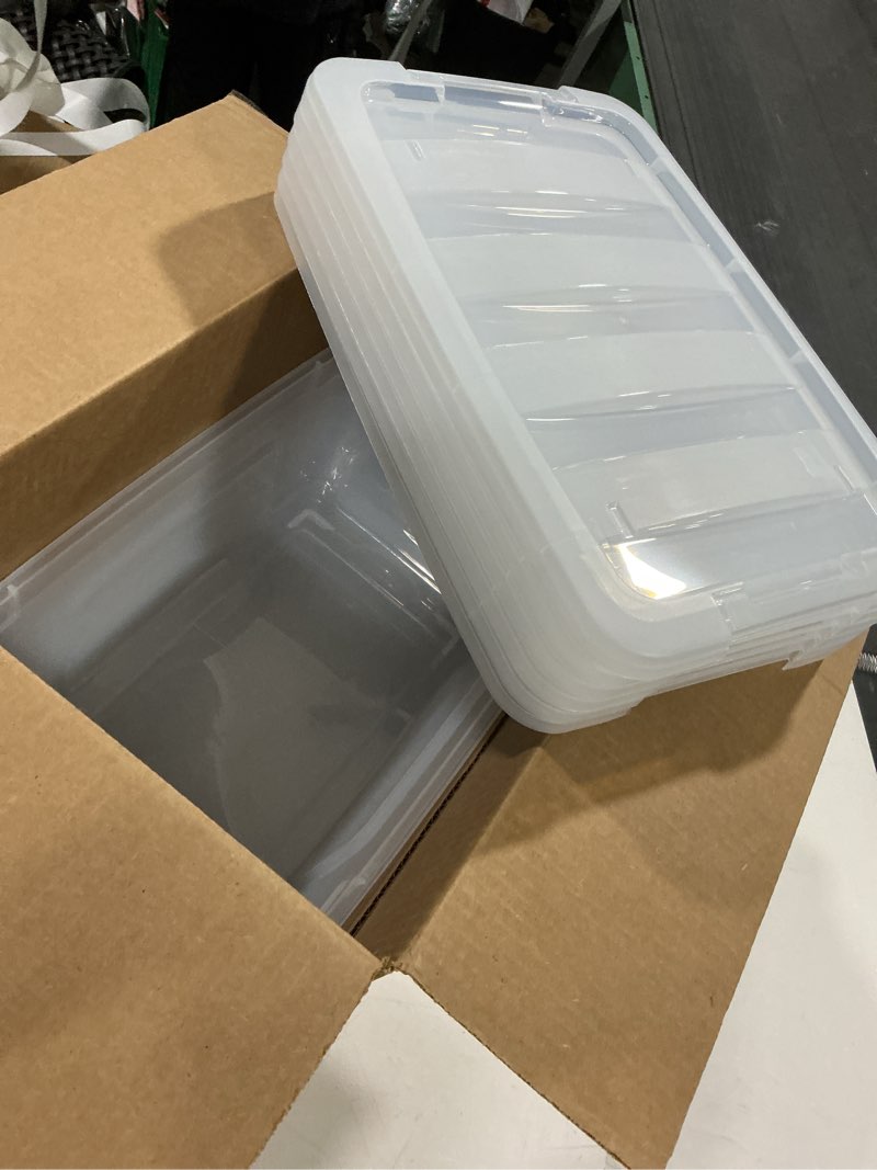 Condition photo showing As Is for iris usa 13 qt plastic storage box with lid and latches - 6 pack - bpa-free, see-through organizing solution, durable nestable stackable containers, secure pull handle - clear clear 13 qt 6 pack