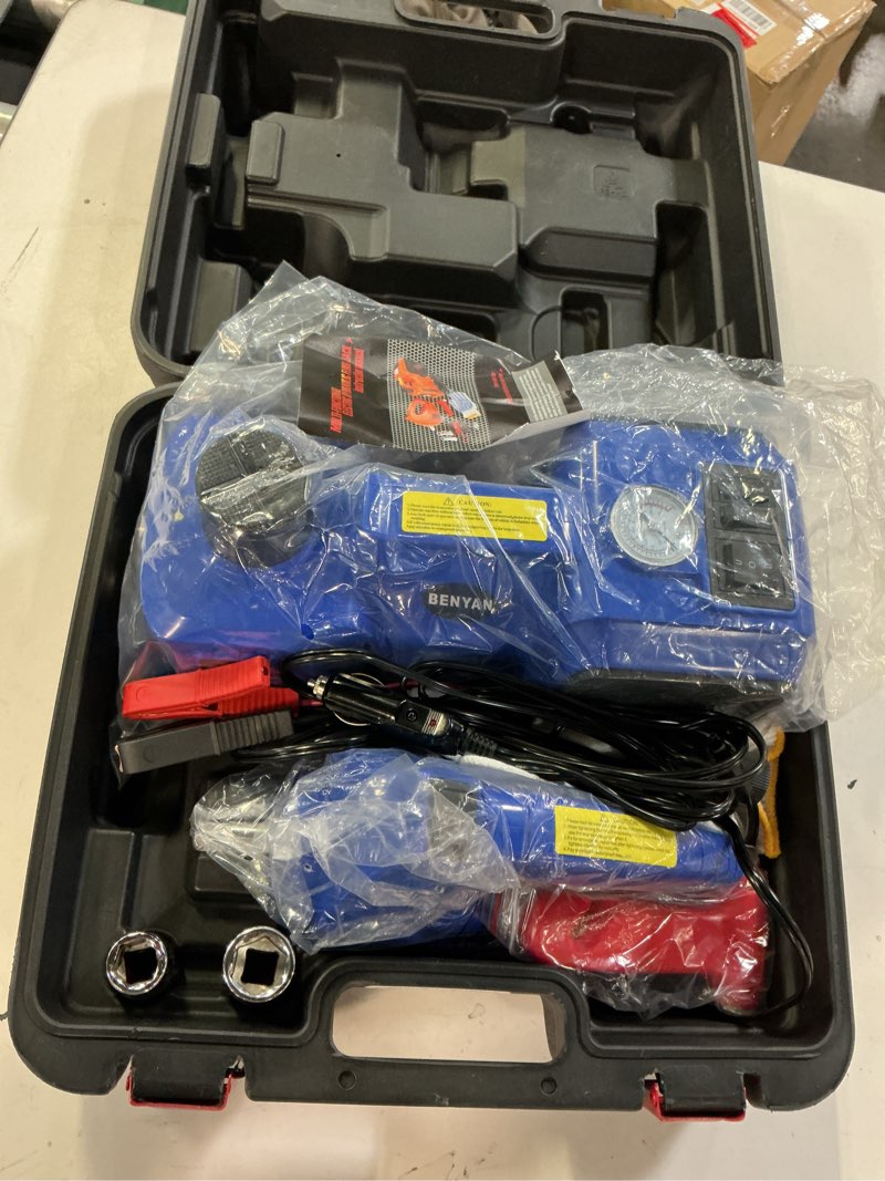Condition photo showing Good Condition for electric car jack kit 5 ton 12v electric floor jack lift for vehicle, electric hydraulic jack auto repair tool set with built-in inflator and impact wrench for suv sedan truck tire change blue