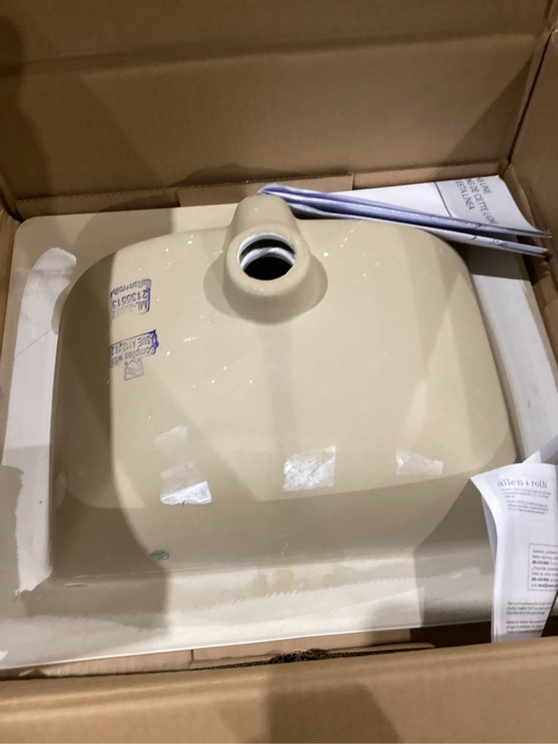Condition photo showing As Is for allen + roth white drop-in rectangular bathroom sink with overflow drain (21.26-in x 18.5-in)