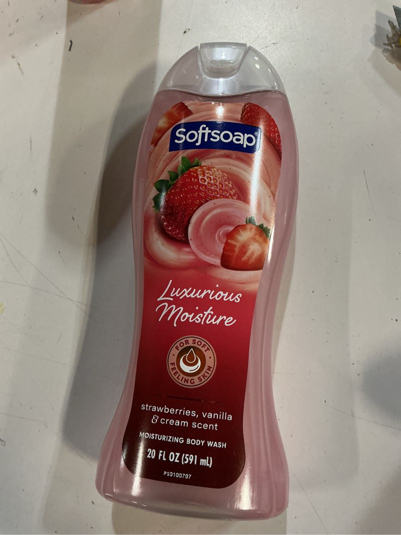 Condition photo showing Good Condition for 4 pack ) softsoap luxurious hydration moisturizing body wash, ph balanced body wash, pampering shower gel, strawberries vanilla cream scent, 20 fl oz. bottle