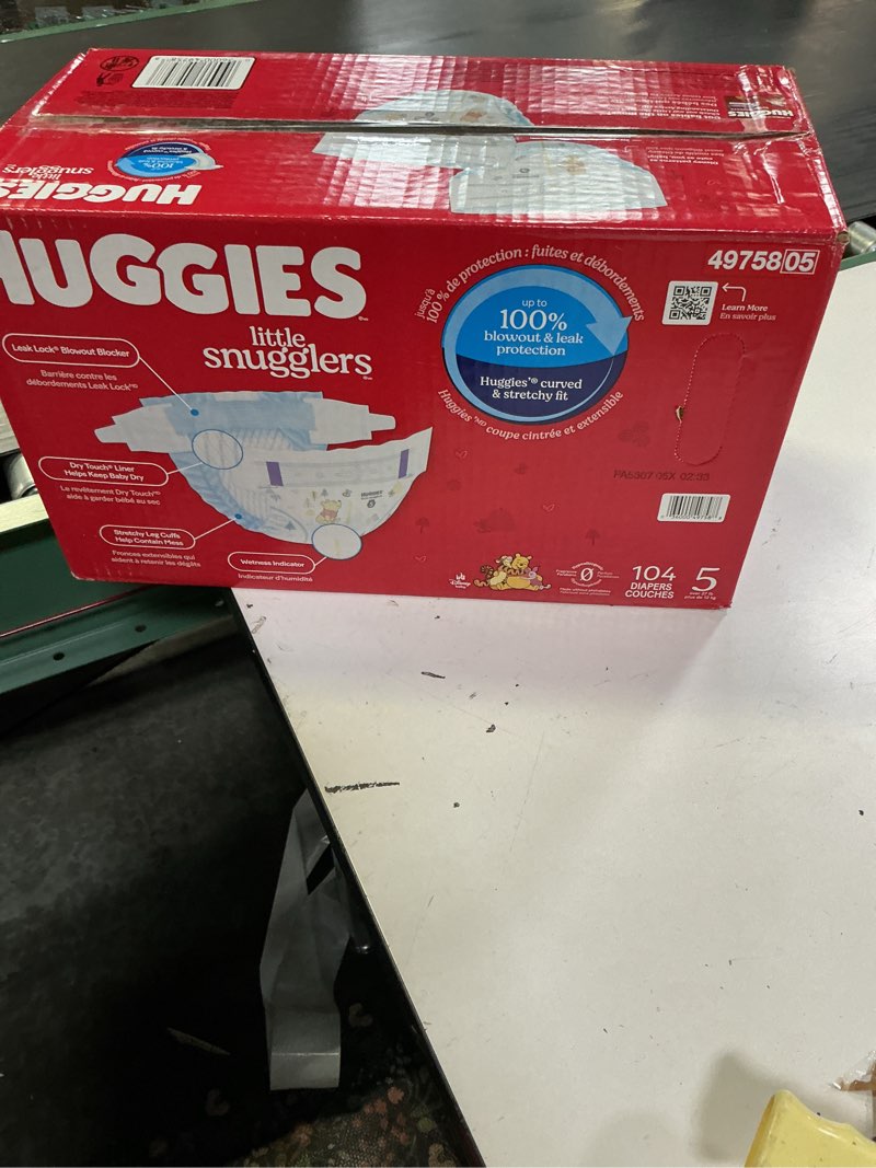 Condition photo showing New/Like New for huggies size 5 diapers, little snugglers baby diapers, size 5 (27+ lbs), 104 count, packaging may vary size 5 104