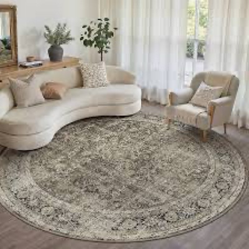 8ft Round Vintage Living Room Area Rug - 8x8 Large Soft Washable Oriental Traditional Distressed Far