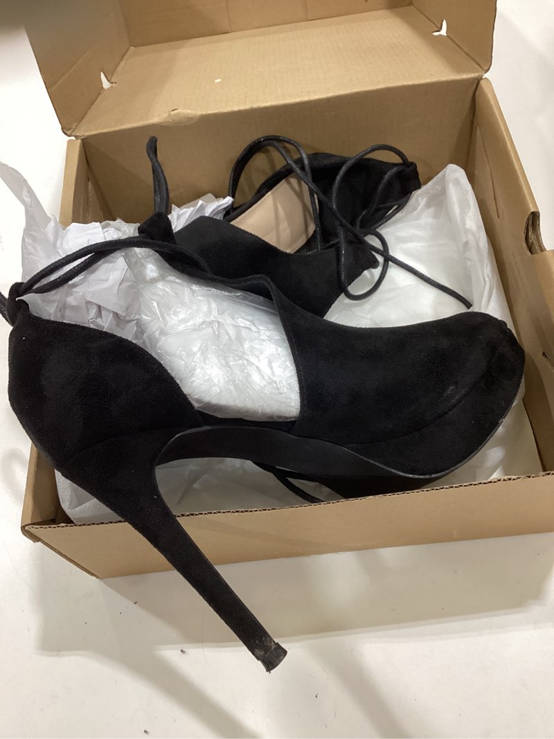 Condition photo showing Good Condition for womens peep toe platform heels sexy sandals strappy lace up tie stilettos dress pumps shoes 9 1-black