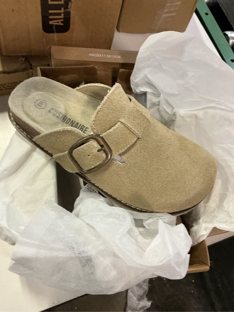 Condition photo showing Good Condition for cushionaire women's blain genuine suede slip-on clogs with + memory foam & chic buckle mule - comfortable, non-slip, wide widths available 8 biscuit suede