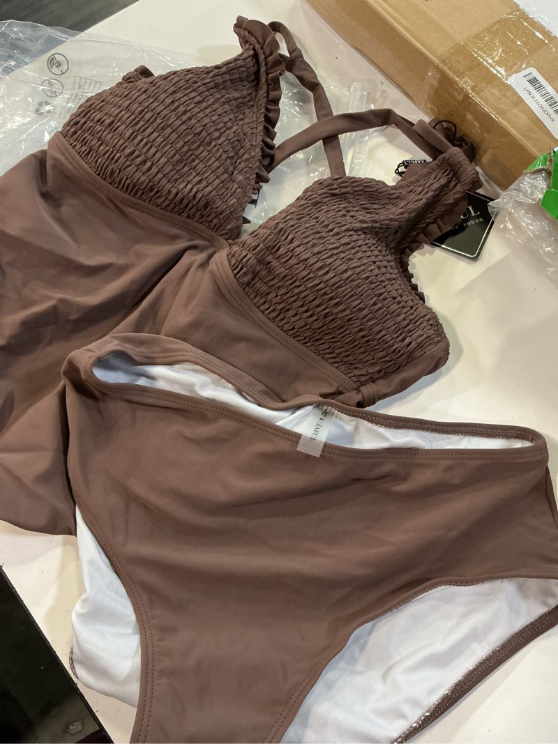 Condition photo showing Good Condition for zaful womens tankini swimsuits smocked 2 piece bathing suits modest tie back swimwear brown medium