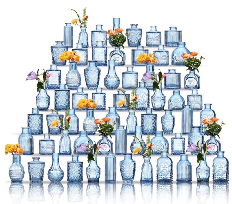 glass bud vases set of 64 - blue assorted small mini glass vases for flowers, crystal vintage vase s
