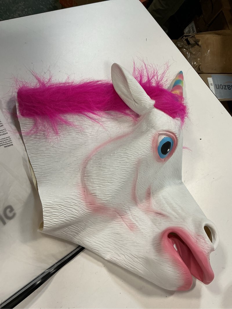 Condition photo showing Good Condition for voyiparty unicorn mask deluxe novelty halloween costume horse head mask latex animal head mask unicorn (pink hair)