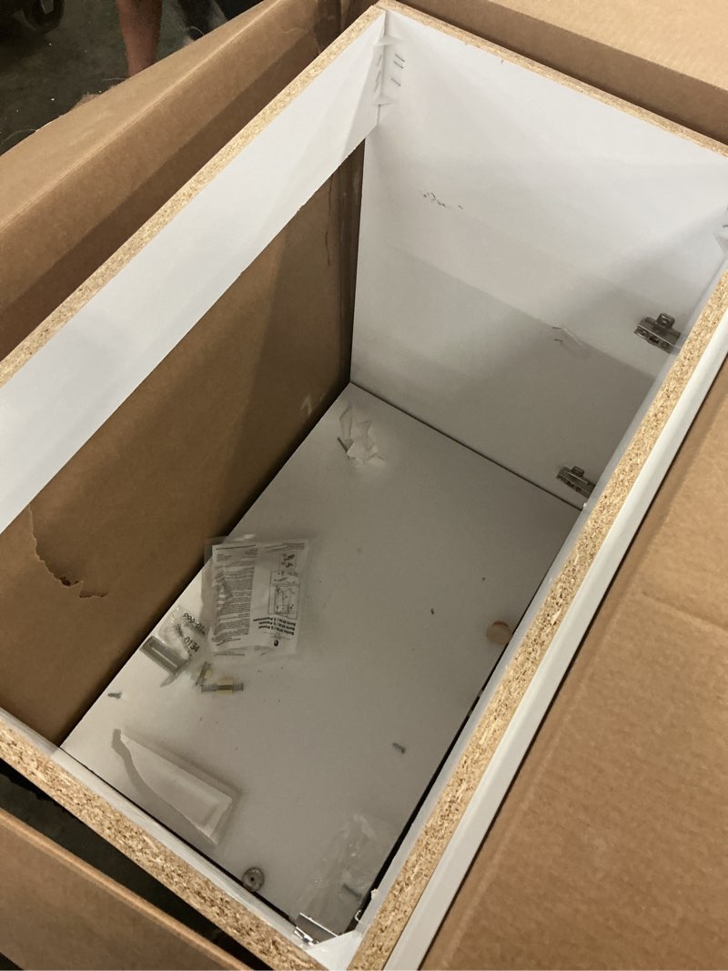 Condition photo showing As Is for project source 30-in white single sink bathroom vanity with white cultured marble top