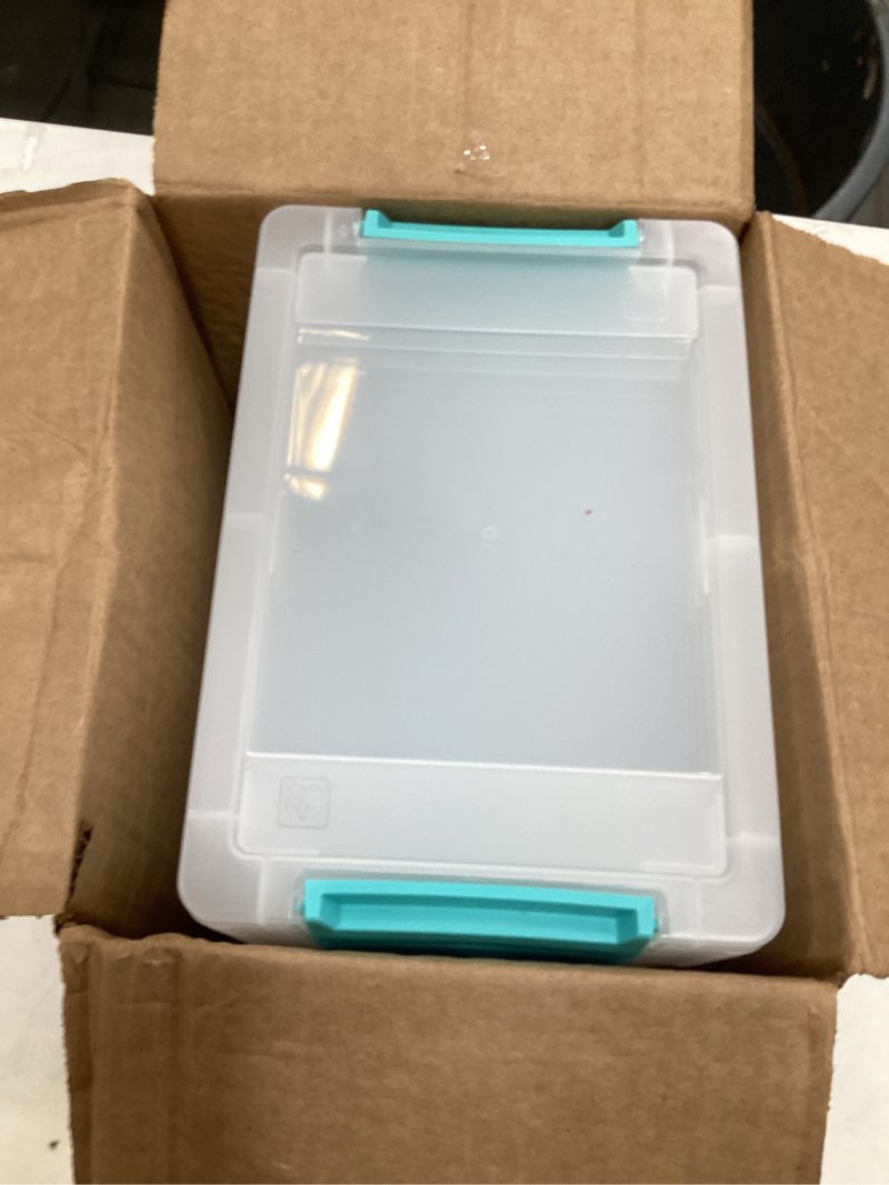 Condition photo showing Good Condition for iris usa 2 qt. craft storage bins with lids, 6-pack, |made in usa|, clip box, small plastic sensory bin tote organizer containers for art supplies, paper, & office, stackable - clear/seafoam blue 2 qt. - 6 pack