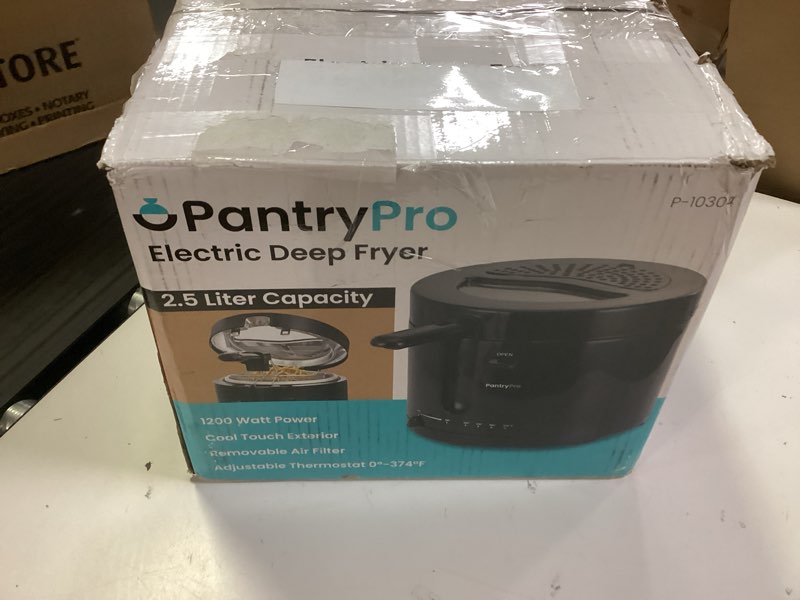 Condition photo showing New/Like New for pantrypro 2.5 liter electric deep fryer with cool touch sides and nonstick basket, adjustable temperature, lid with viewing window, black