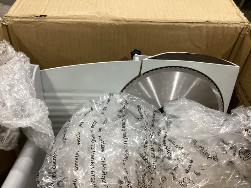 Condition photo showing As Is for meat slicer machine for home - 200w electric food slicer with 2 removable 7.5" stainless steel blades and tray, adjustable and child lock protection, slicer machine for meat bread